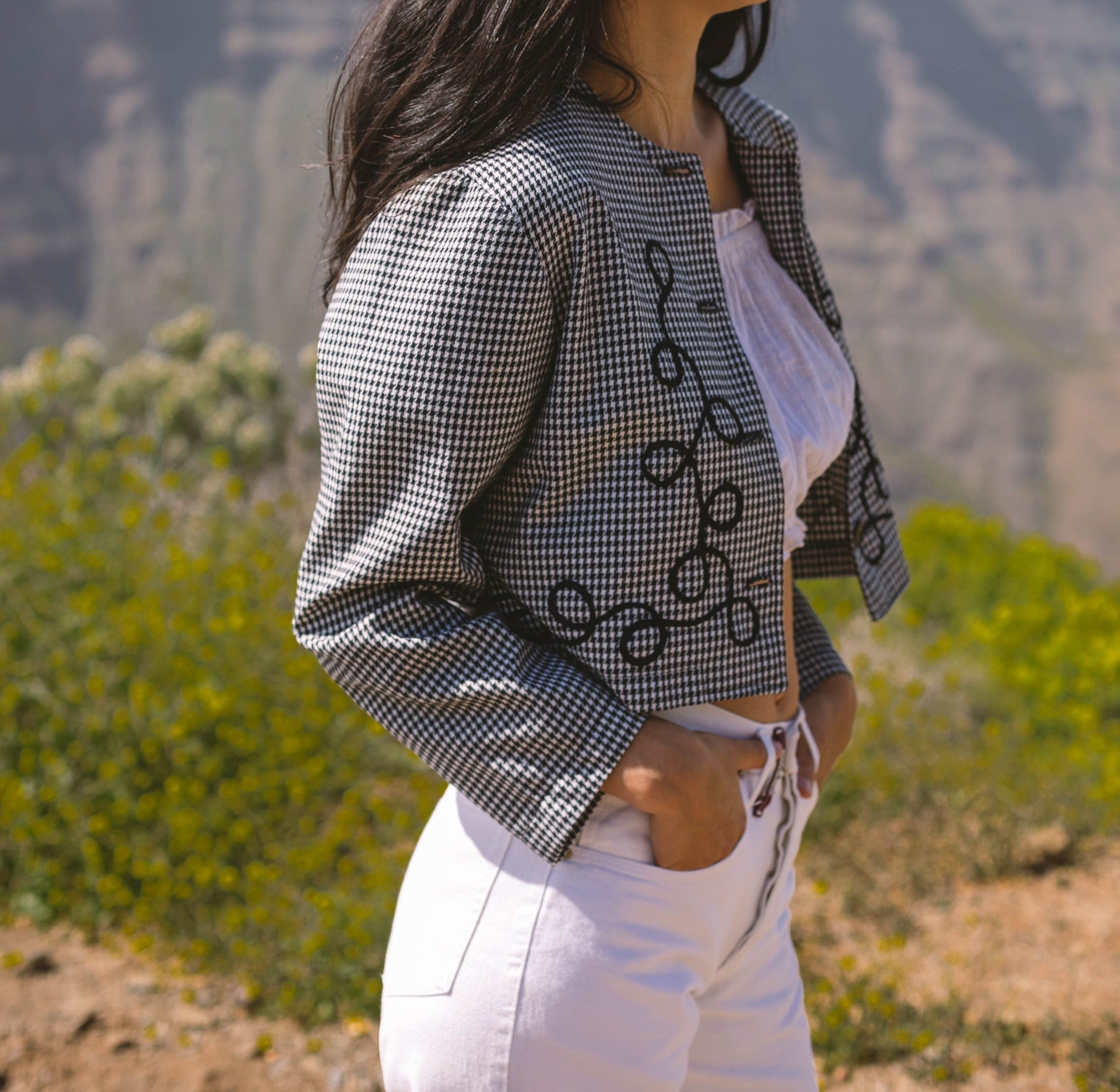 Cropped wool jacket with romantic embroidery, Cottage core vest, Light academia short blazer jacket