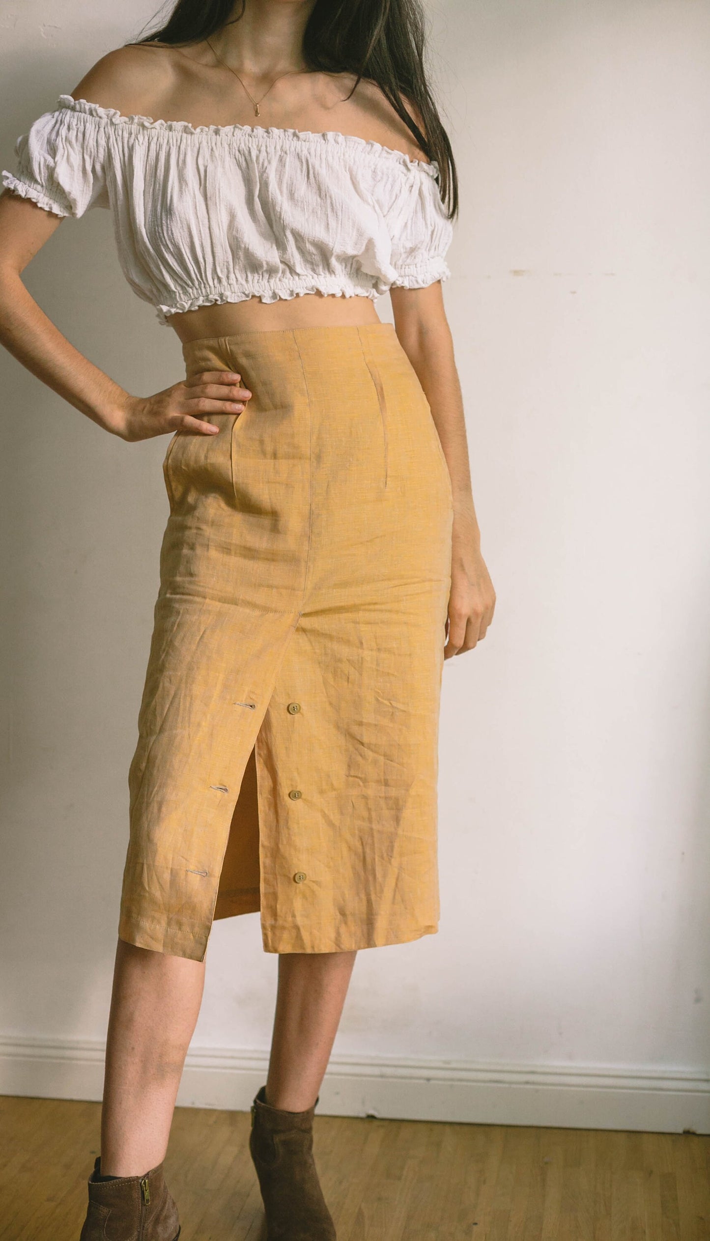 Mustard yellow Linen high waist vintage skirt, Natural earthy summer skirt, Yellow high rise skirt