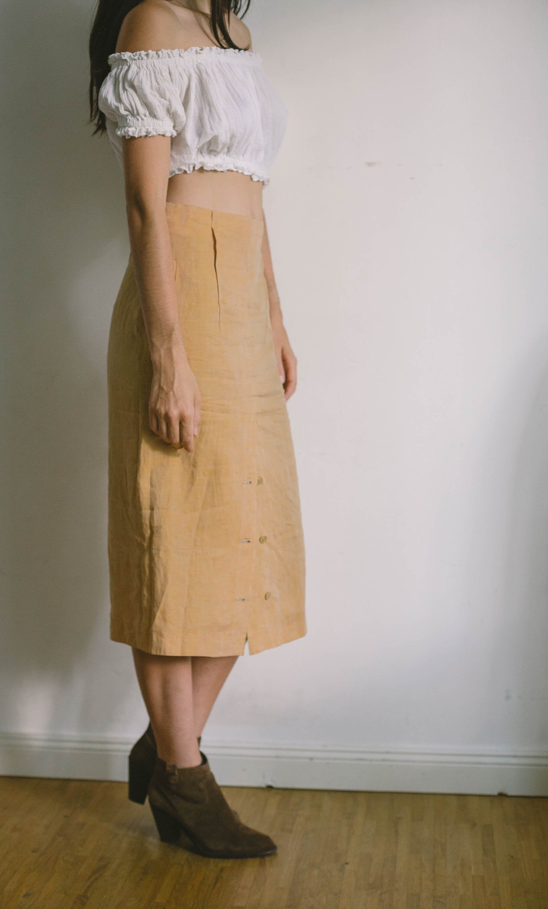 Mustard yellow Linen high waist vintage skirt, Natural earthy summer skirt, Yellow high rise skirt