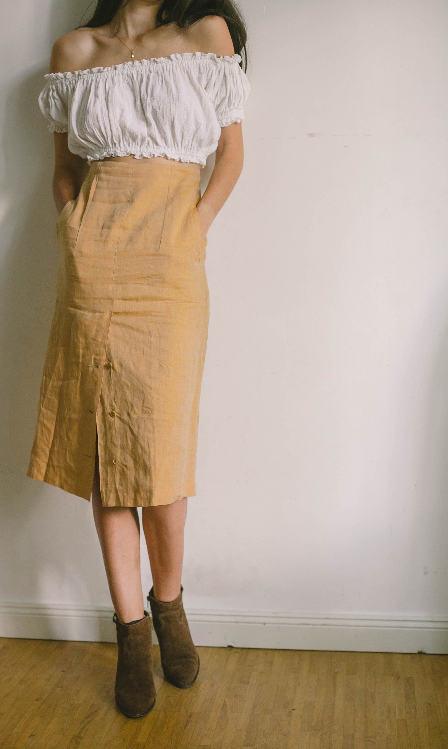 Mustard yellow Linen high waist vintage skirt, Natural earthy summer skirt, Yellow high rise skirt