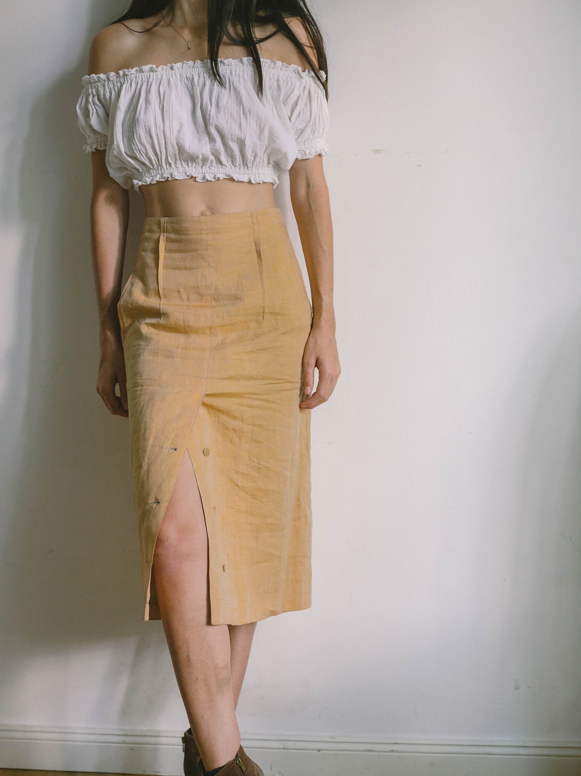Mustard yellow Linen high waist vintage skirt, Natural earthy summer skirt, Yellow high rise skirt