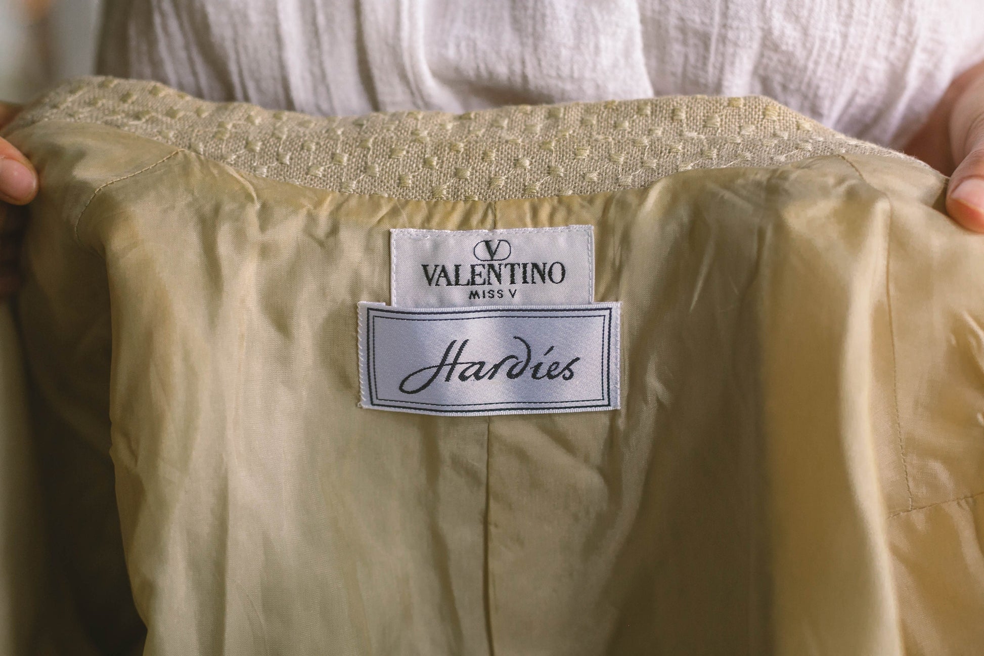 Valentino Vintage Beige Linen Blazer, Oatmeal Designer Jacket with White Detailing, Earthy Summer & Spring Formal Coat