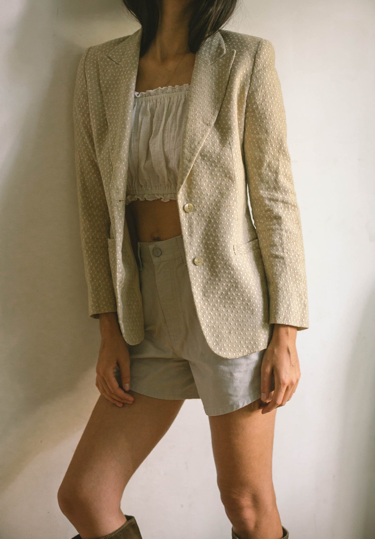 Valentino Vintage Beige Linen Blazer, Oatmeal Designer Jacket with White Detailing, Earthy Summer & Spring Formal Coat