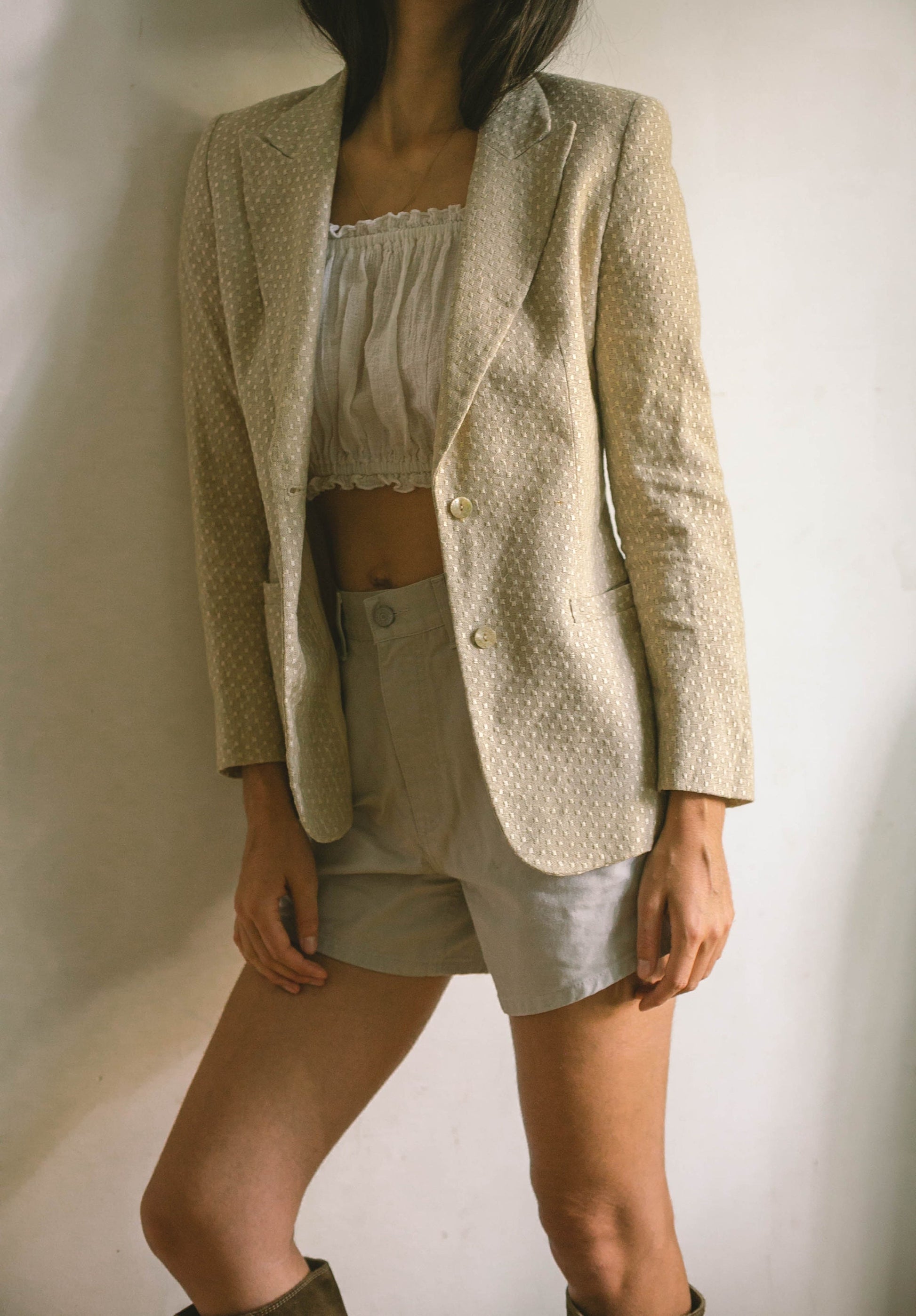 Valentino Vintage Beige Linen Blazer, Oatmeal Designer Jacket with White Detailing, Earthy Summer & Spring Formal Coat
