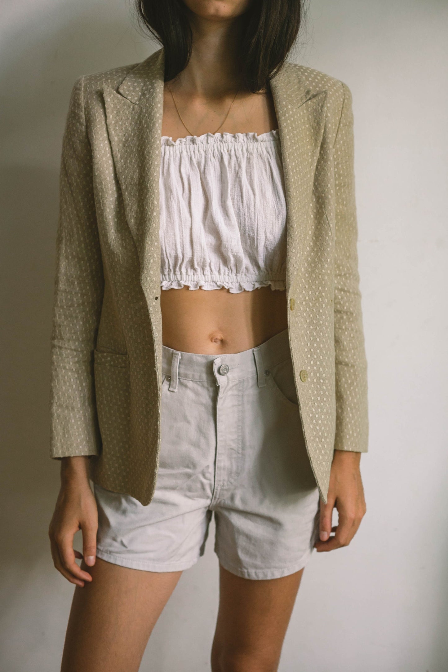 Valentino Vintage Beige Linen Blazer, Oatmeal Designer Jacket with White Detailing, Earthy Summer & Spring Formal Coat
