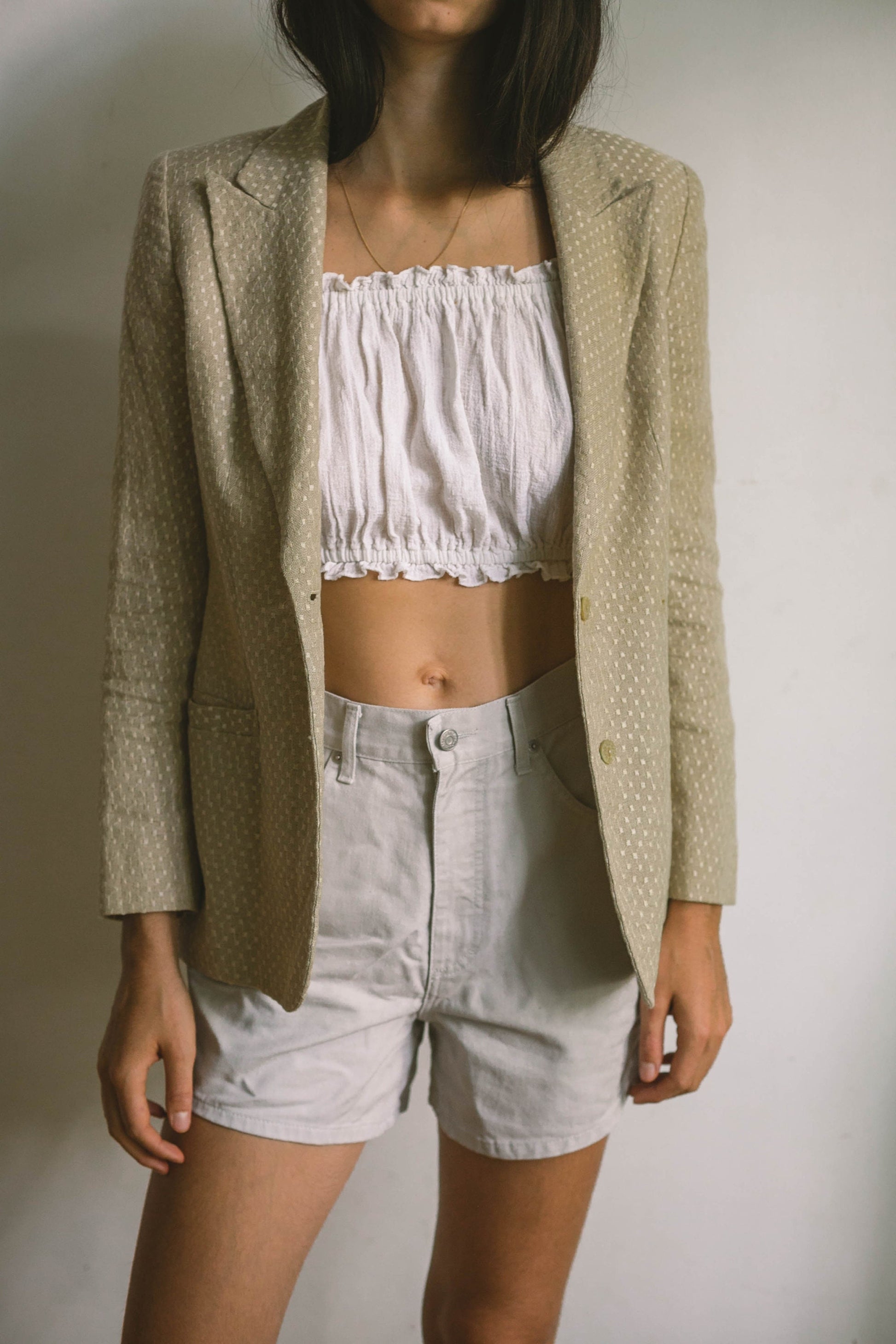 Valentino Vintage Beige Linen Blazer, Oatmeal Designer Jacket with White Detailing, Earthy Summer & Spring Formal Coat
