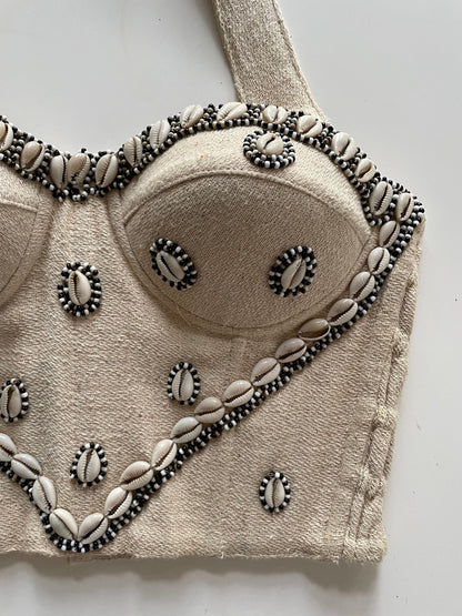 Shell-Decorated Heart Shaped Bustier — fabric close-up