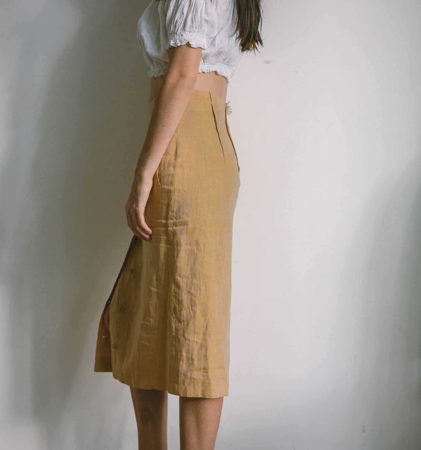 Mustard yellow Linen high waist vintage skirt, Natural earthy summer skirt, Yellow high rise skirt