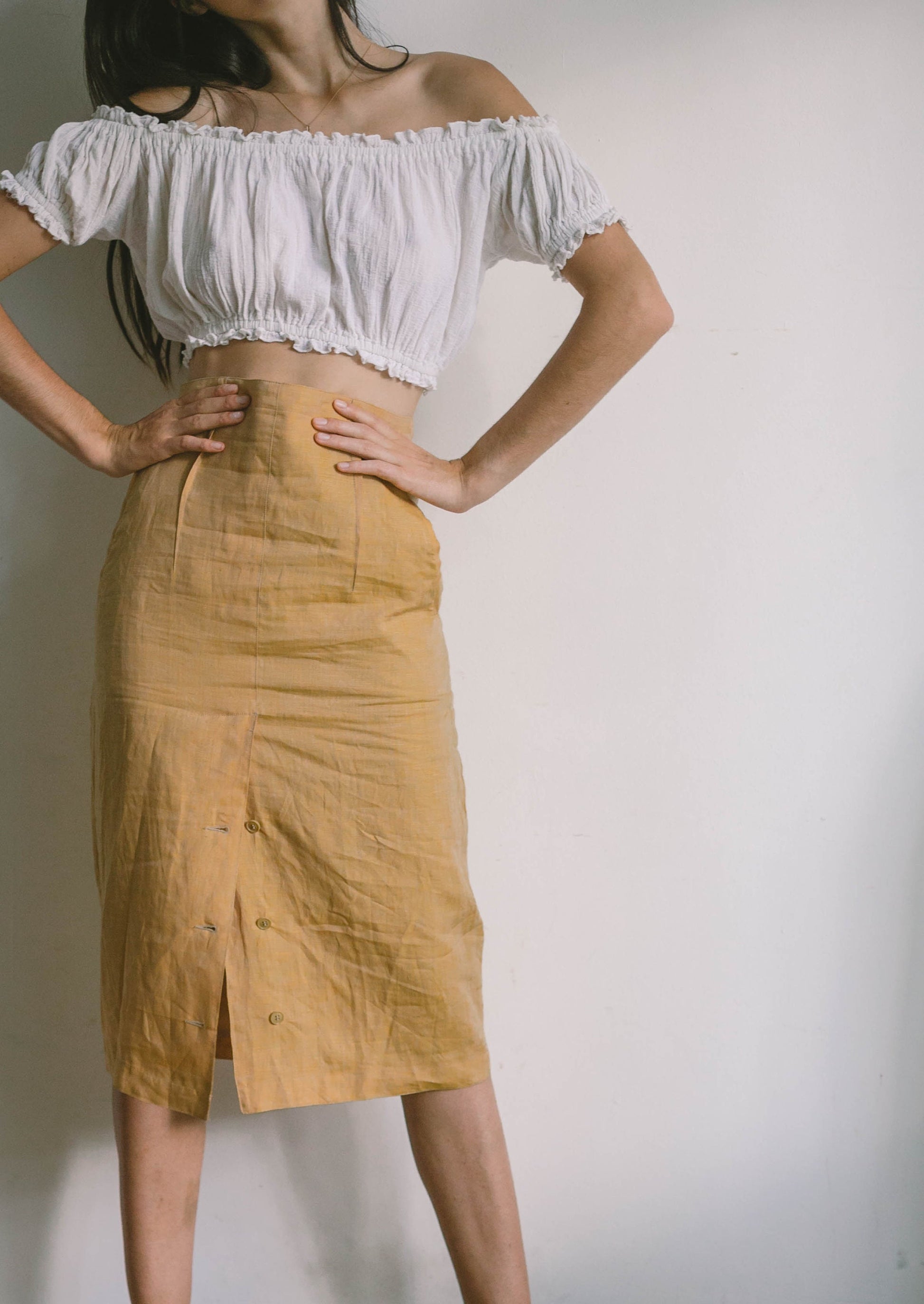Mustard yellow Linen high waist vintage skirt, Natural earthy summer skirt, Yellow high rise skirt