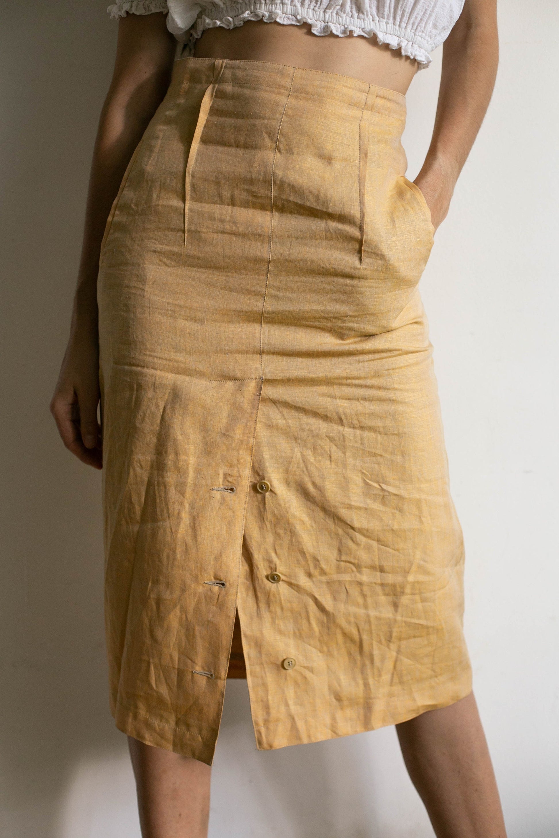Mustard yellow Linen high waist vintage skirt, Natural earthy summer skirt, Yellow high rise skirt