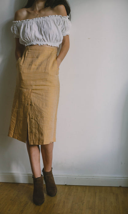 Mustard Yellow Linen Vintage High Waist Skirt — fabric close-up