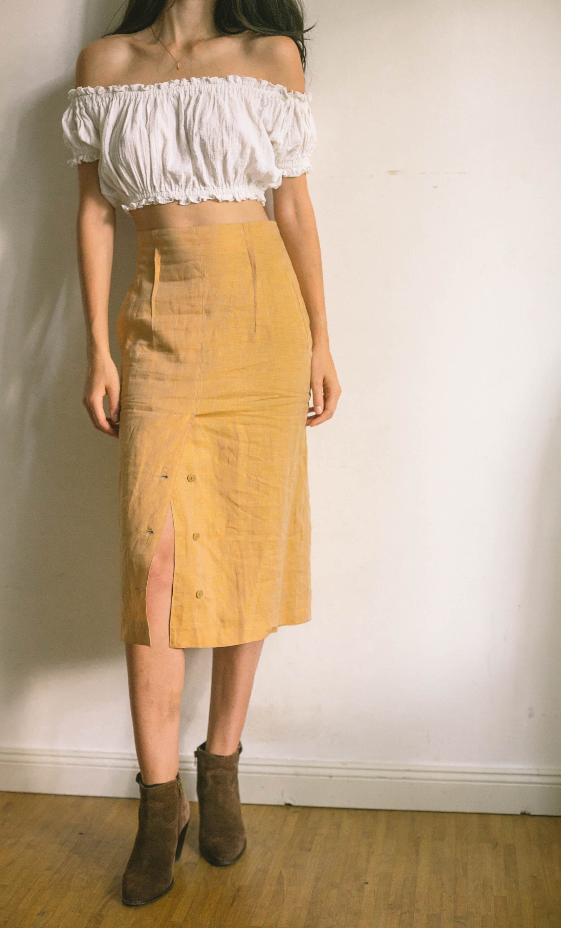 Mustard yellow Linen high waist vintage skirt, Natural earthy summer skirt, Yellow high rise skirt