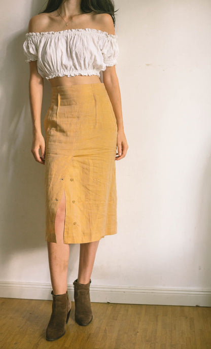 Mustard Yellow Linen Vintage High Waist Skirt