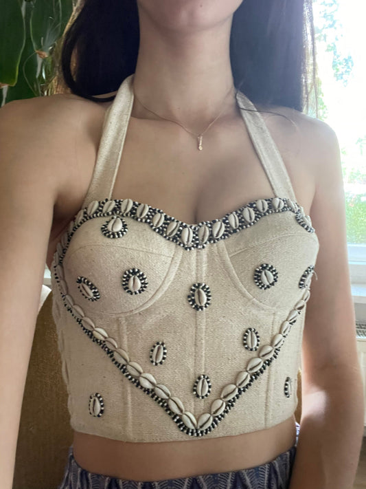 Unique Shell decorated heart shaped bustier, boho vintage corset, Beach outfit, Hanmade vintage lingerie