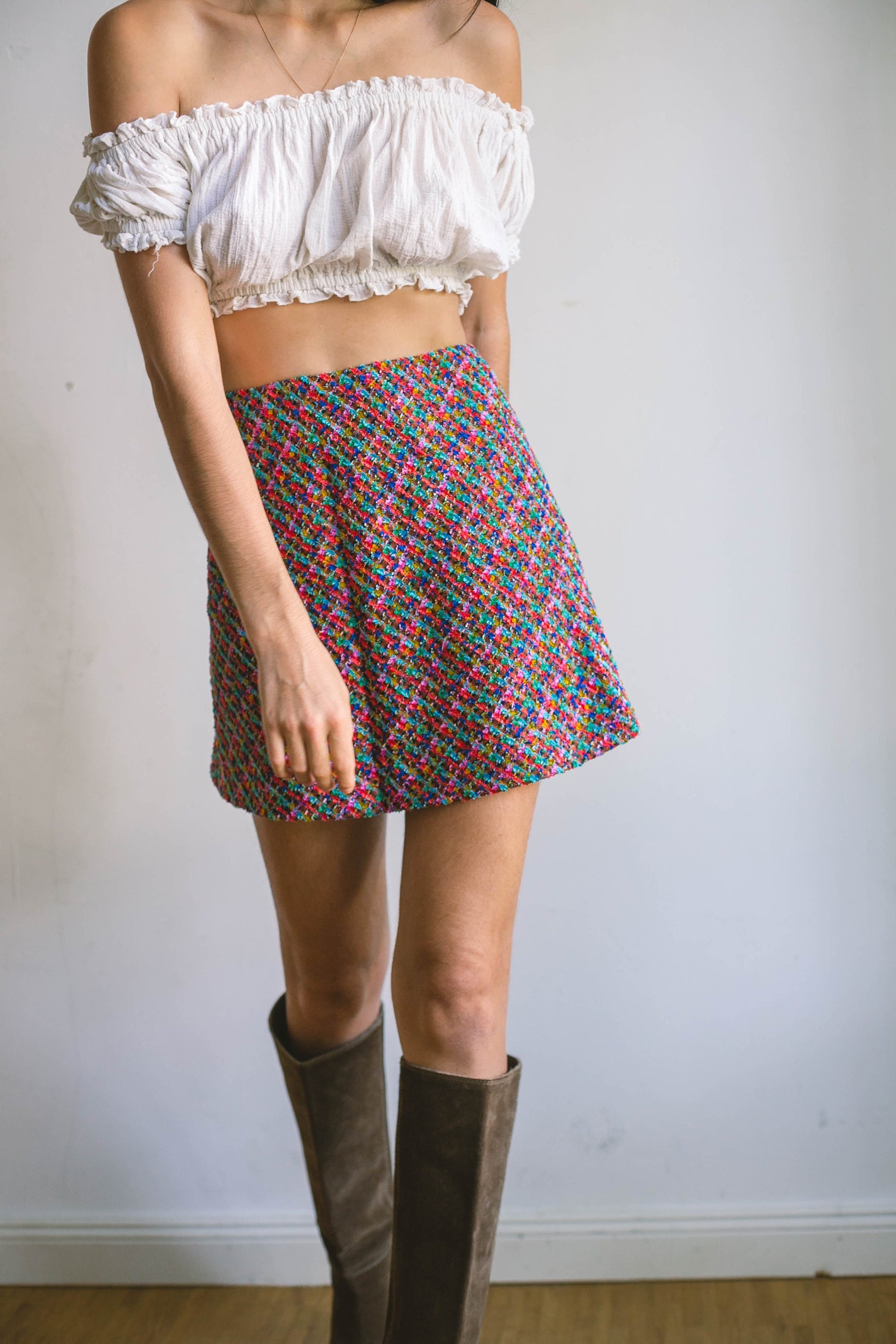 Escada colourful mini skirt, Short vintage designer skirt, Wool confetti mini skirt, 70s aesthetic, Designer clothing, 34 - XS