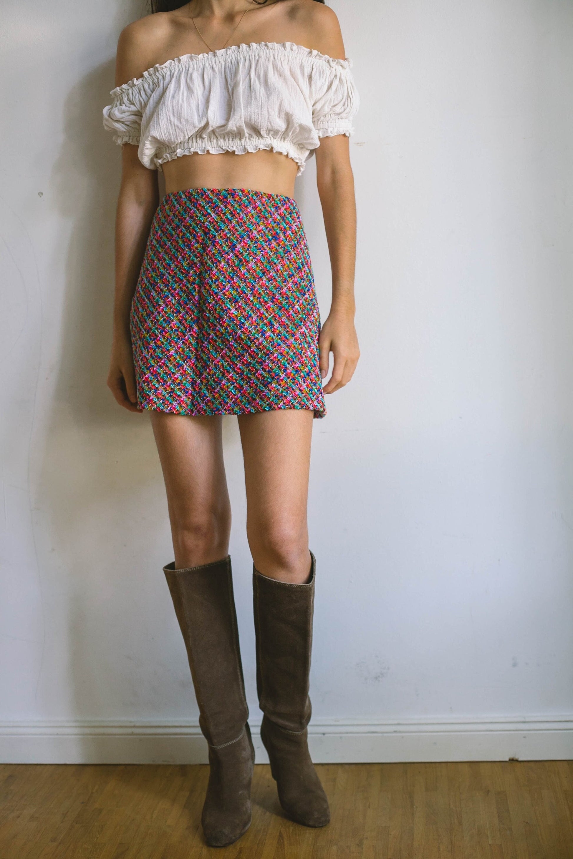 Escada colourful mini skirt, Short vintage designer skirt, Wool confetti mini skirt, 70s aesthetic, Designer clothing, 34 - XS