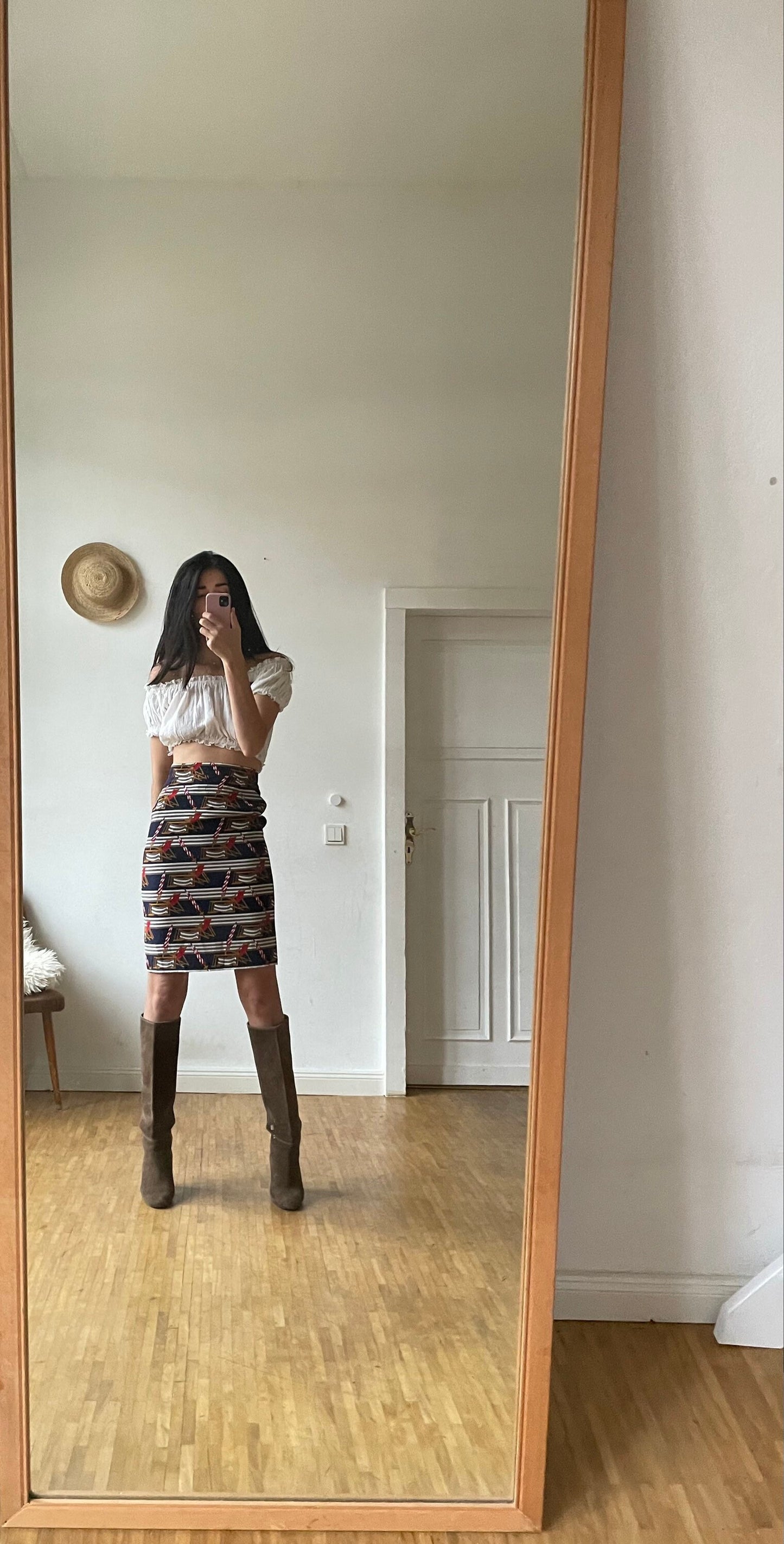 Vintage Maritime Midi Skirt Retro Pencil Skirt with Beach Pattern Sustainable Women’s Fashion Secretary Outfit S