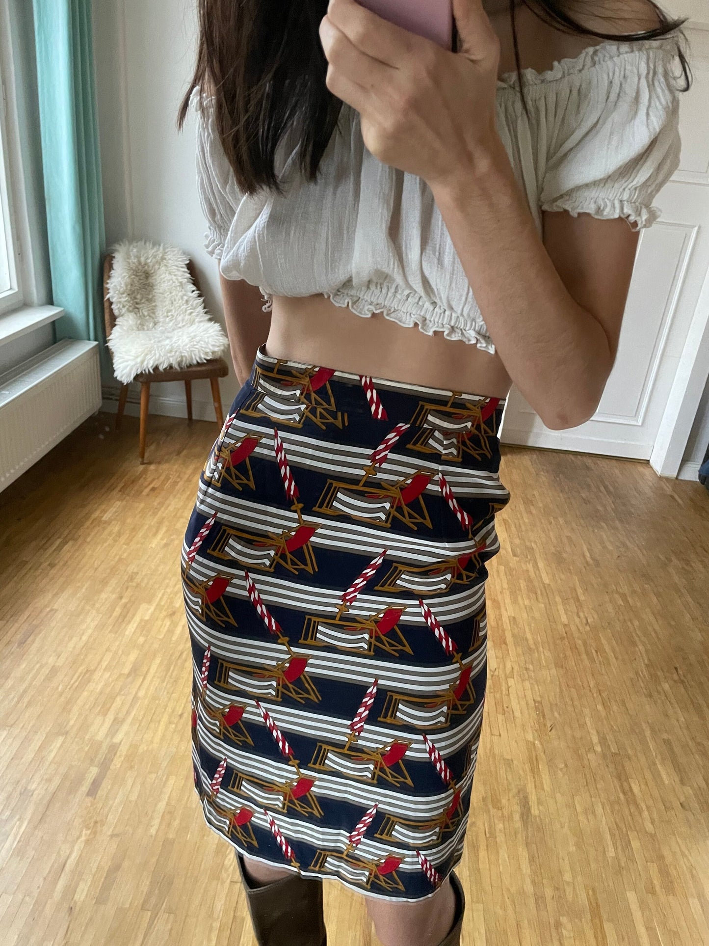 Vintage Maritime Midi Skirt Retro Pencil Skirt with Beach Pattern Sustainable Women’s Fashion Secretary Outfit S