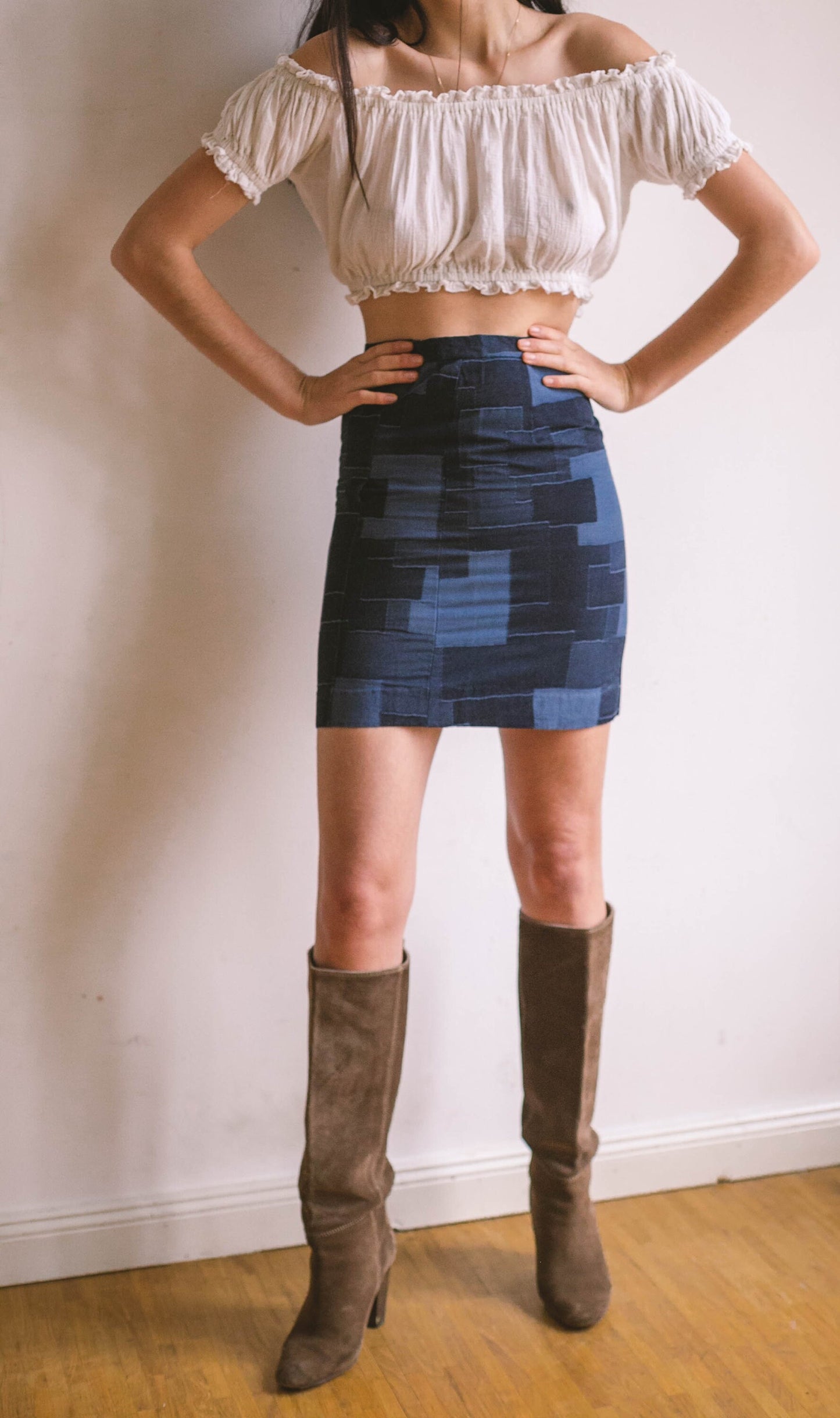 Sexy patchwork denim skirt, Short tight pencil skirt, Y2k blue vintage summer skirt, Retro patchwork skirt, XS