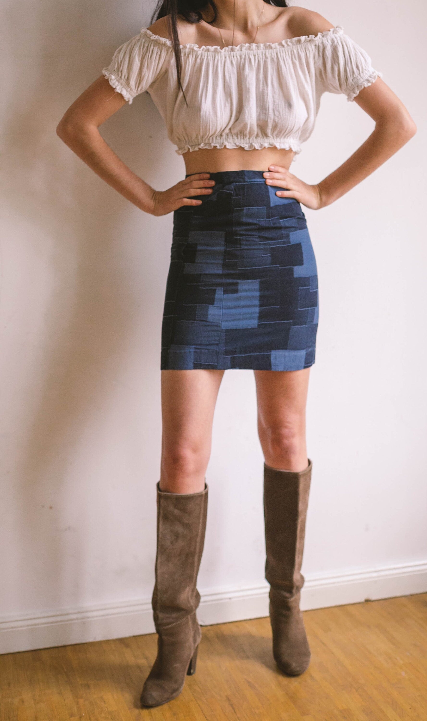 Sexy patchwork denim skirt, Short tight pencil skirt, Y2k blue vintage summer skirt, Retro patchwork skirt, XS