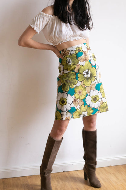 Green Floral Vintage 80s High Waist Cotton Skirt