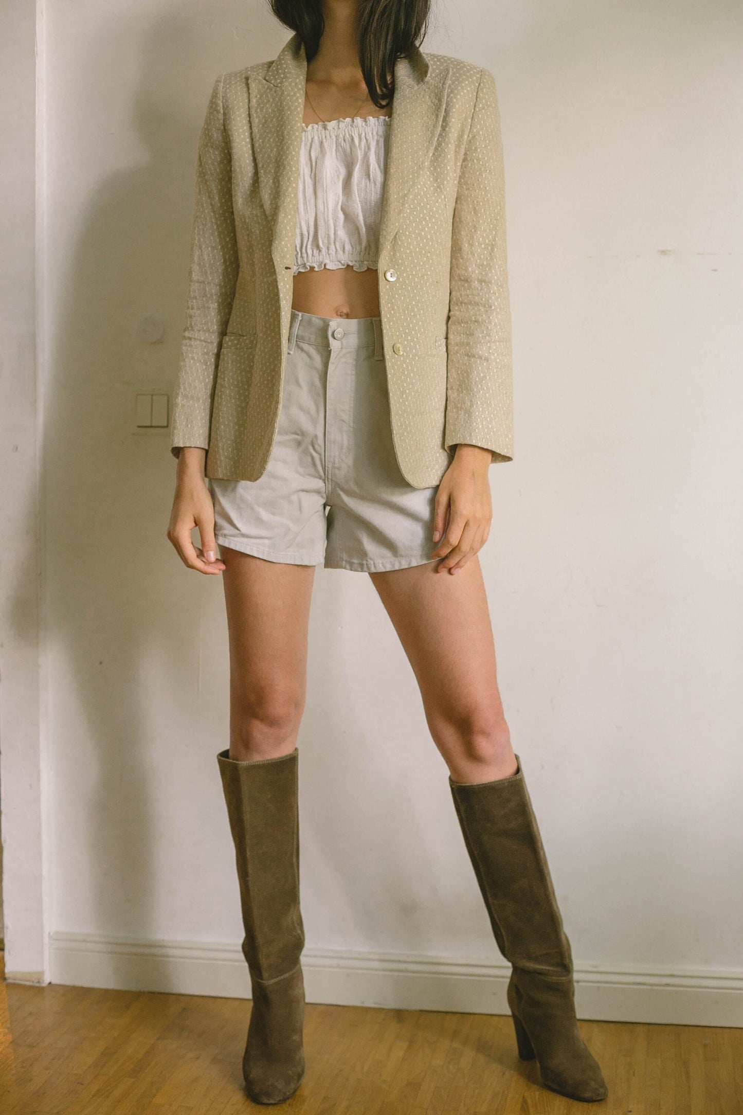 Valentino Vintage Beige Linen Blazer, Oatmeal Designer Jacket with White Detailing, Earthy Summer & Spring Formal Coat