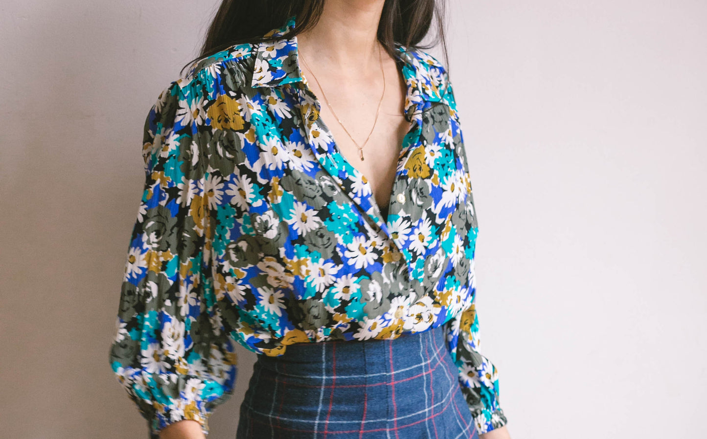 Vibrant blue and white vintage floral women blouse, Retro flower shirt, feminine summer top