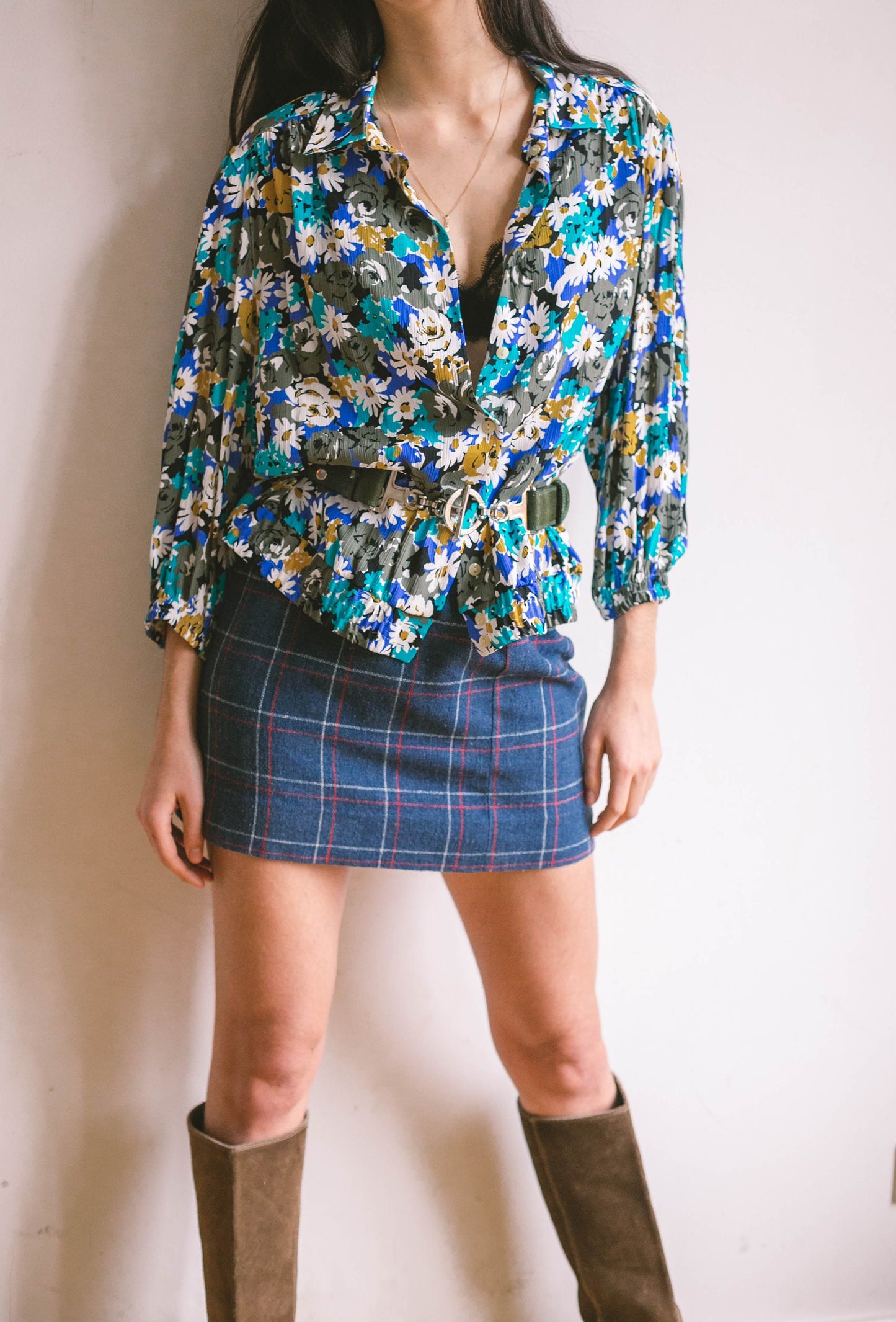 Vibrant blue and white vintage floral women blouse, Retro flower shirt, feminine summer top