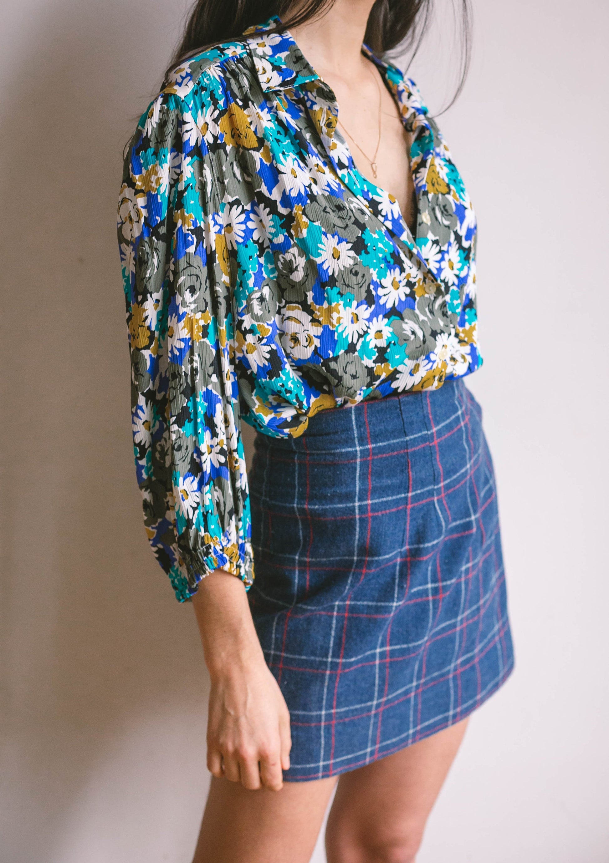 Vibrant blue and white vintage floral women blouse, Retro flower shirt, feminine summer top