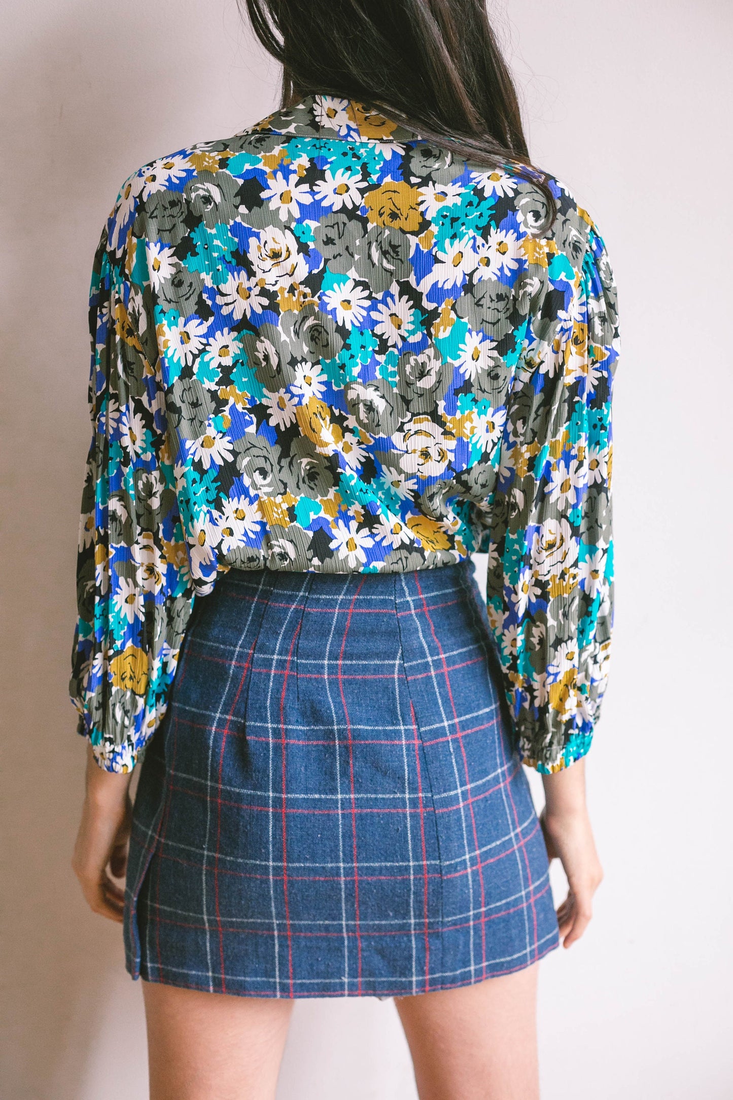 Vibrant blue and white vintage floral women blouse, Retro flower shirt, feminine summer top