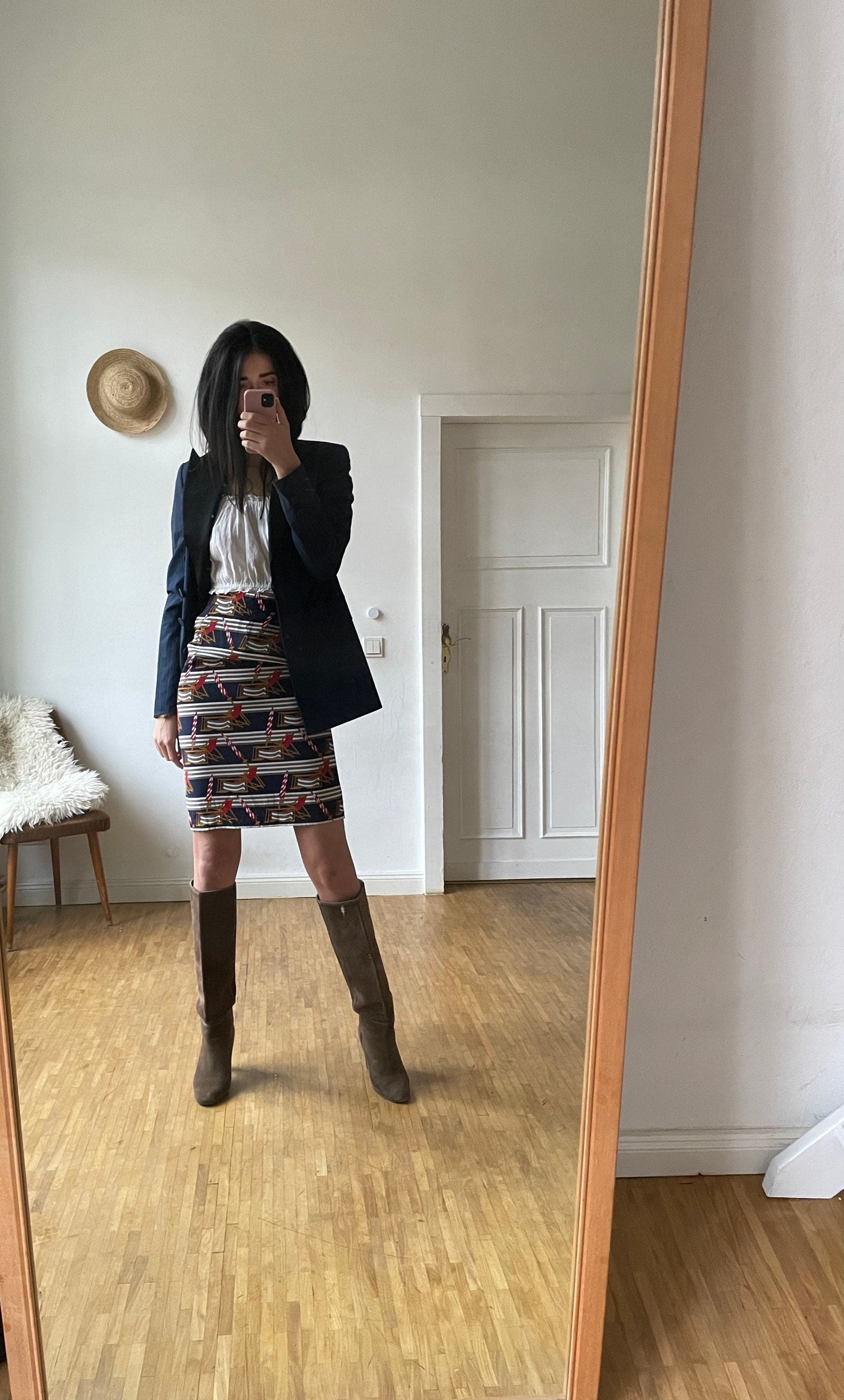 Vintage Maritime Midi Skirt Retro Pencil Skirt with Beach Pattern Sustainable Women’s Fashion Secretary Outfit S