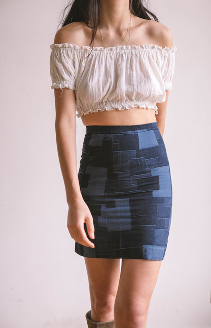 Y2K Blue Patchwork Denim Skirt — fabric close-up