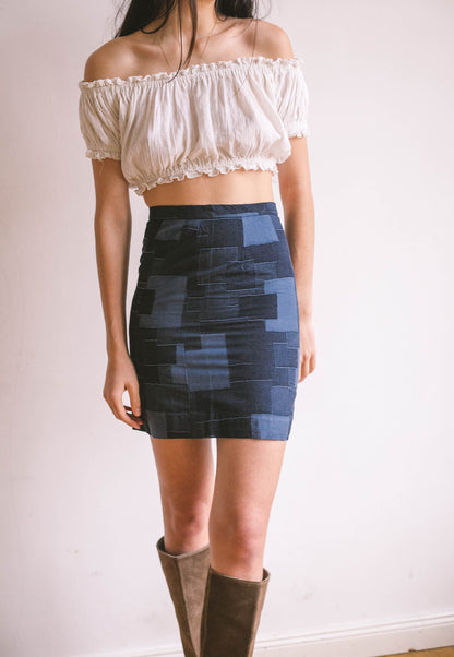 Y2K Blue Patchwork Denim Skirt — back view