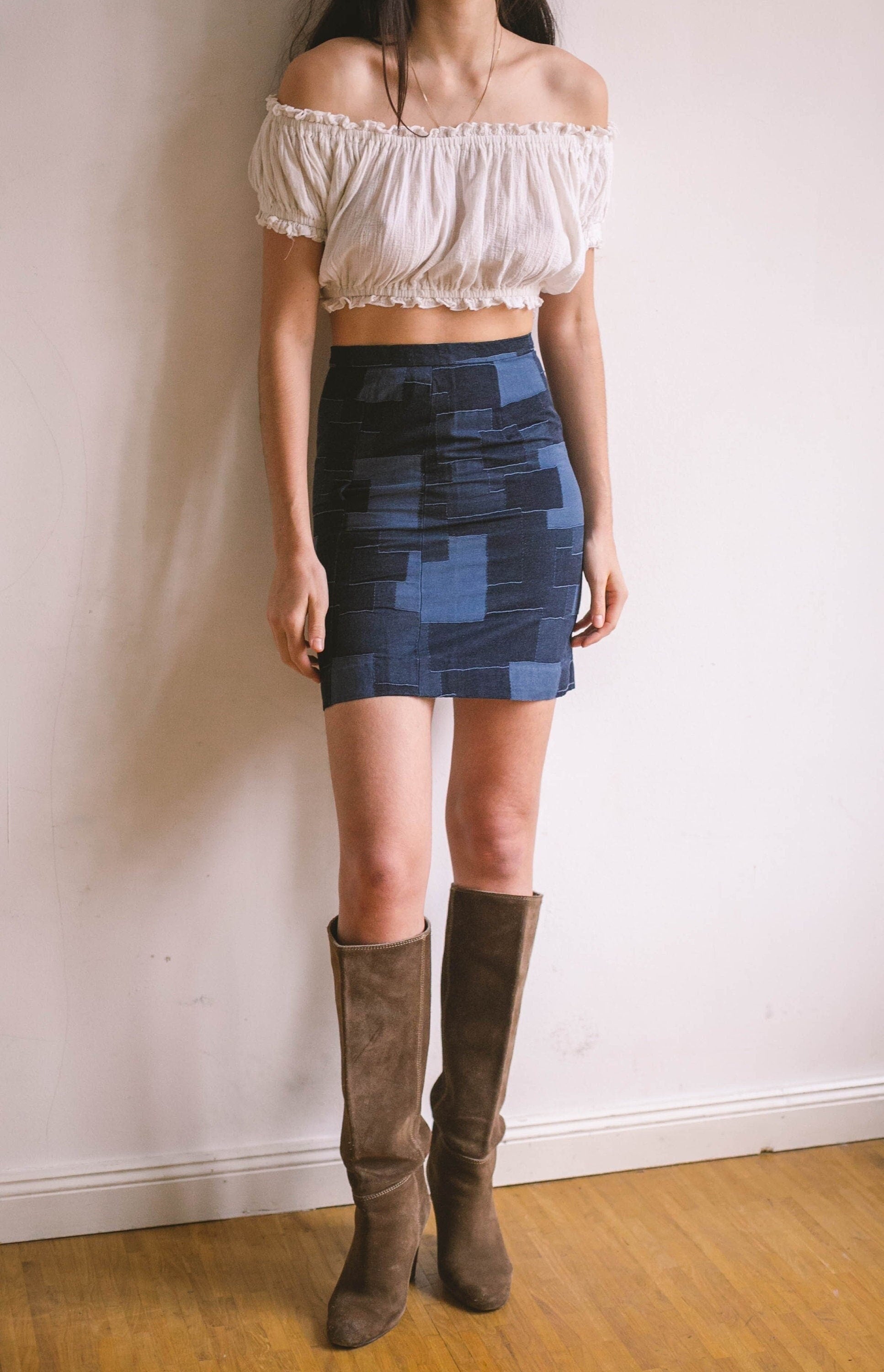 Sexy patchwork denim skirt, Short tight pencil skirt, Y2k blue vintage summer skirt, Retro patchwork skirt, XS