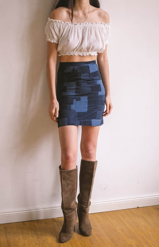 Sexy patchwork denim skirt, Short tight pencil skirt, Y2k blue vintage summer skirt, Retro patchwork skirt, XS