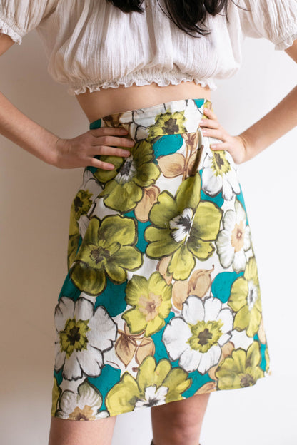 Green Floral Vintage 80s High Waist Cotton Skirt