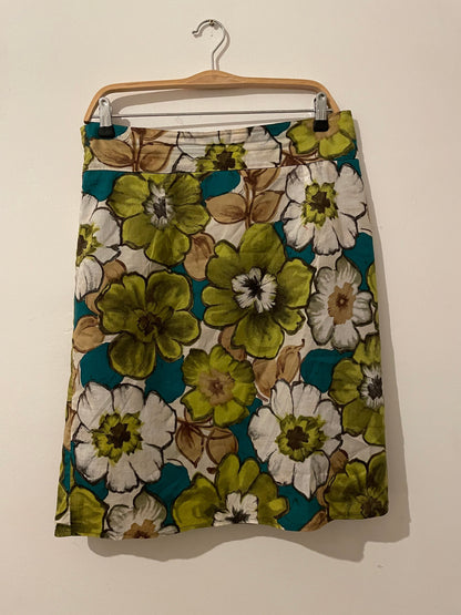 Green Floral Vintage 80s High Waist Cotton Skirt