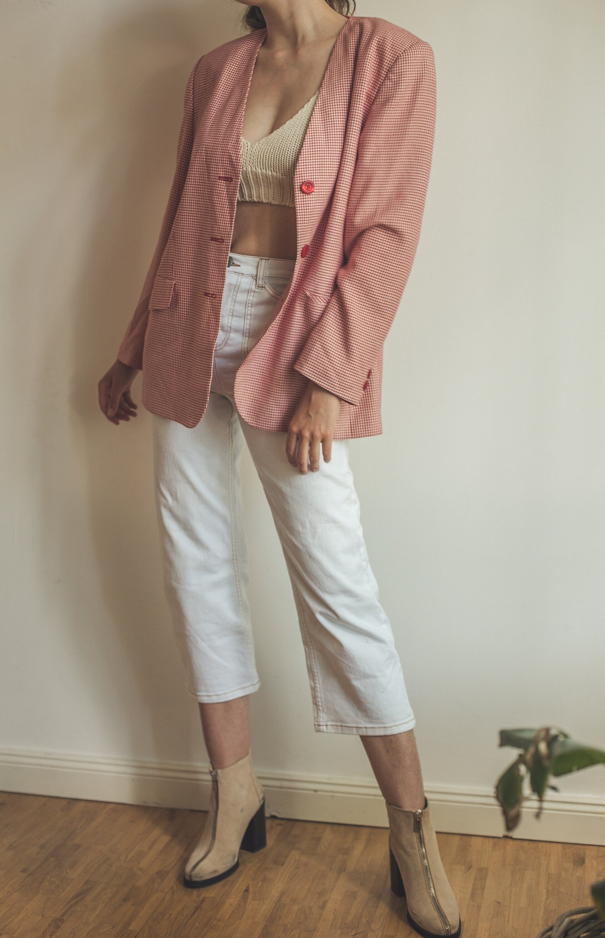 Vintage red gingham blazer, Oversized summer jacket, 1980s plaid blazer, XS-L