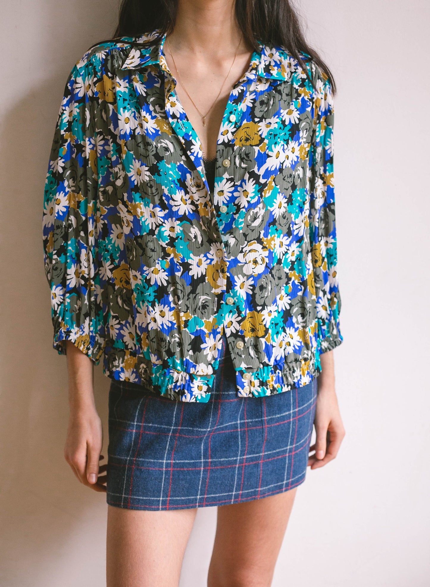 Vibrant blue and white vintage floral women blouse, Retro flower shirt, feminine summer top