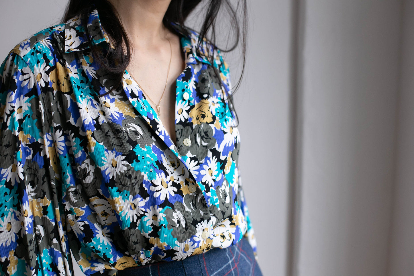 Vibrant blue and white vintage floral women blouse, Retro flower shirt, feminine summer top