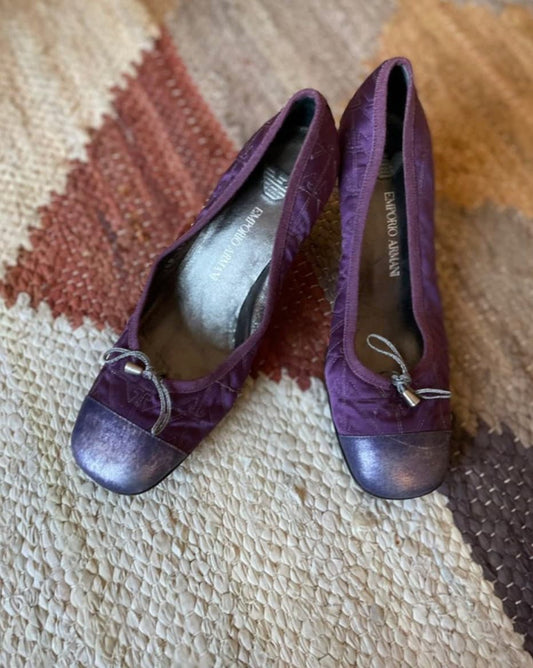 Emporio Armani Vintage Purple Kitten Heel Pumps - Y2K Designer Formal Shoes with Silver Detail, Comfortable Bridal & Event Heels 6.5cm