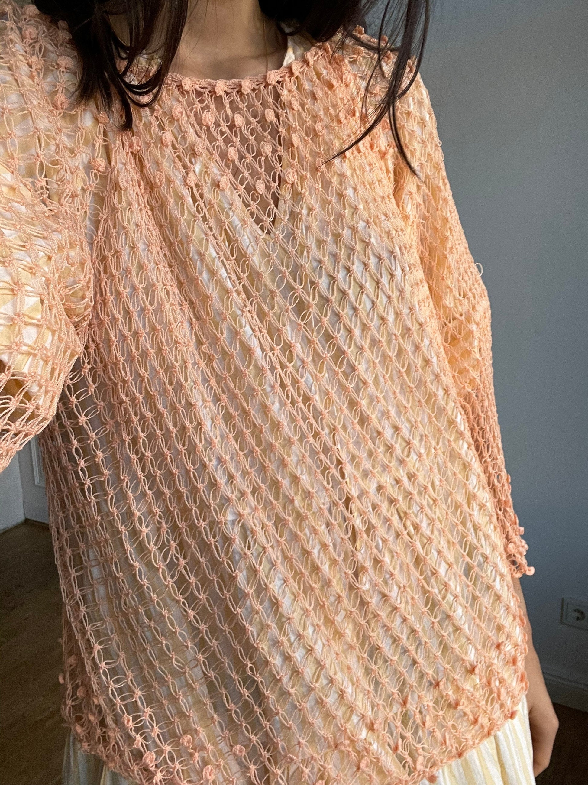 Peach summer crochet top, Sexy see through net shirt, Bikini dress, Crochet top, Peach summer shirt, Festival outfit, Orange beach top,