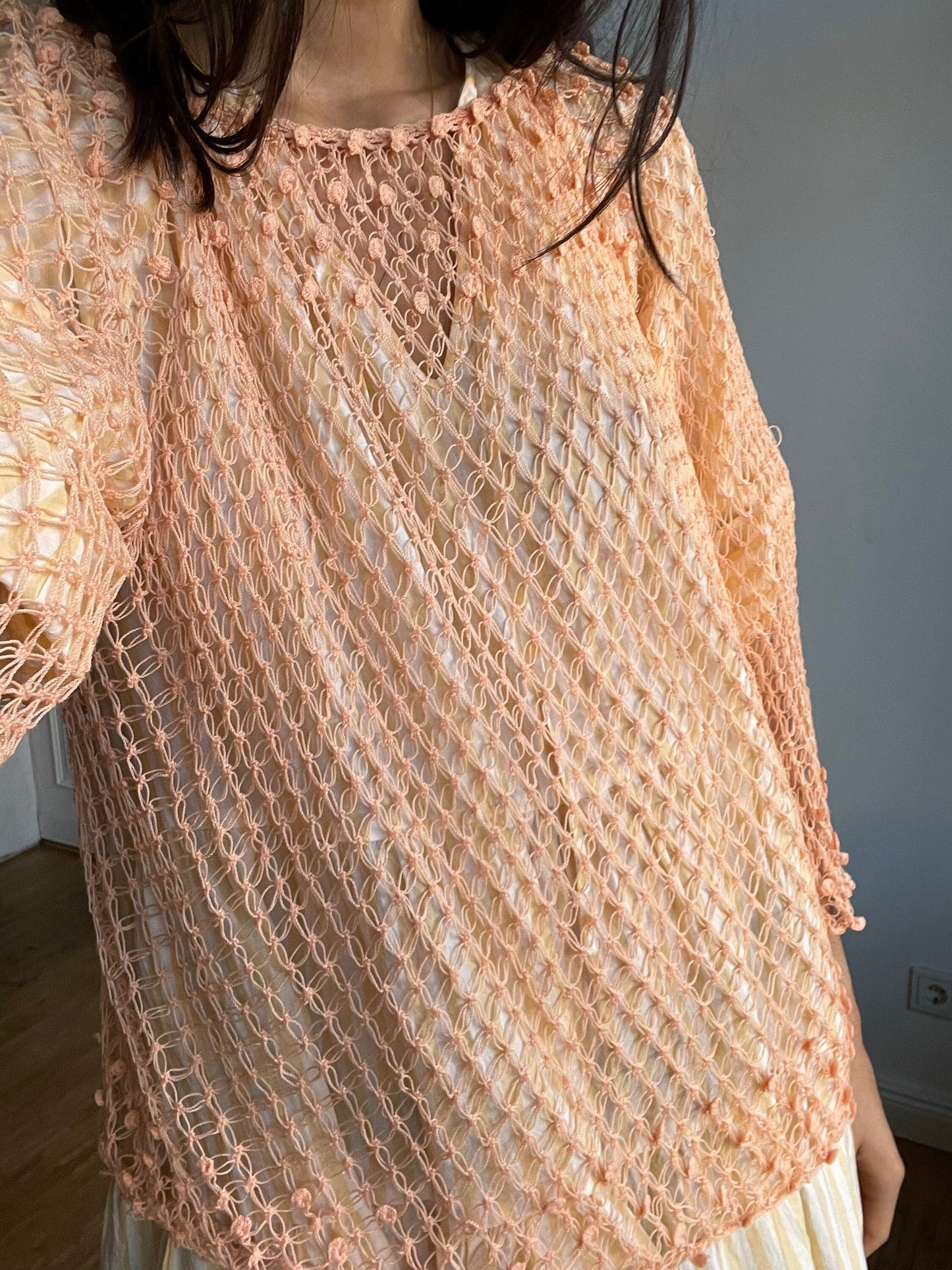 Peach summer crochet top, Sexy see through net shirt, Bikini dress, Crochet top, Peach summer shirt, Festival outfit, Orange beach top,