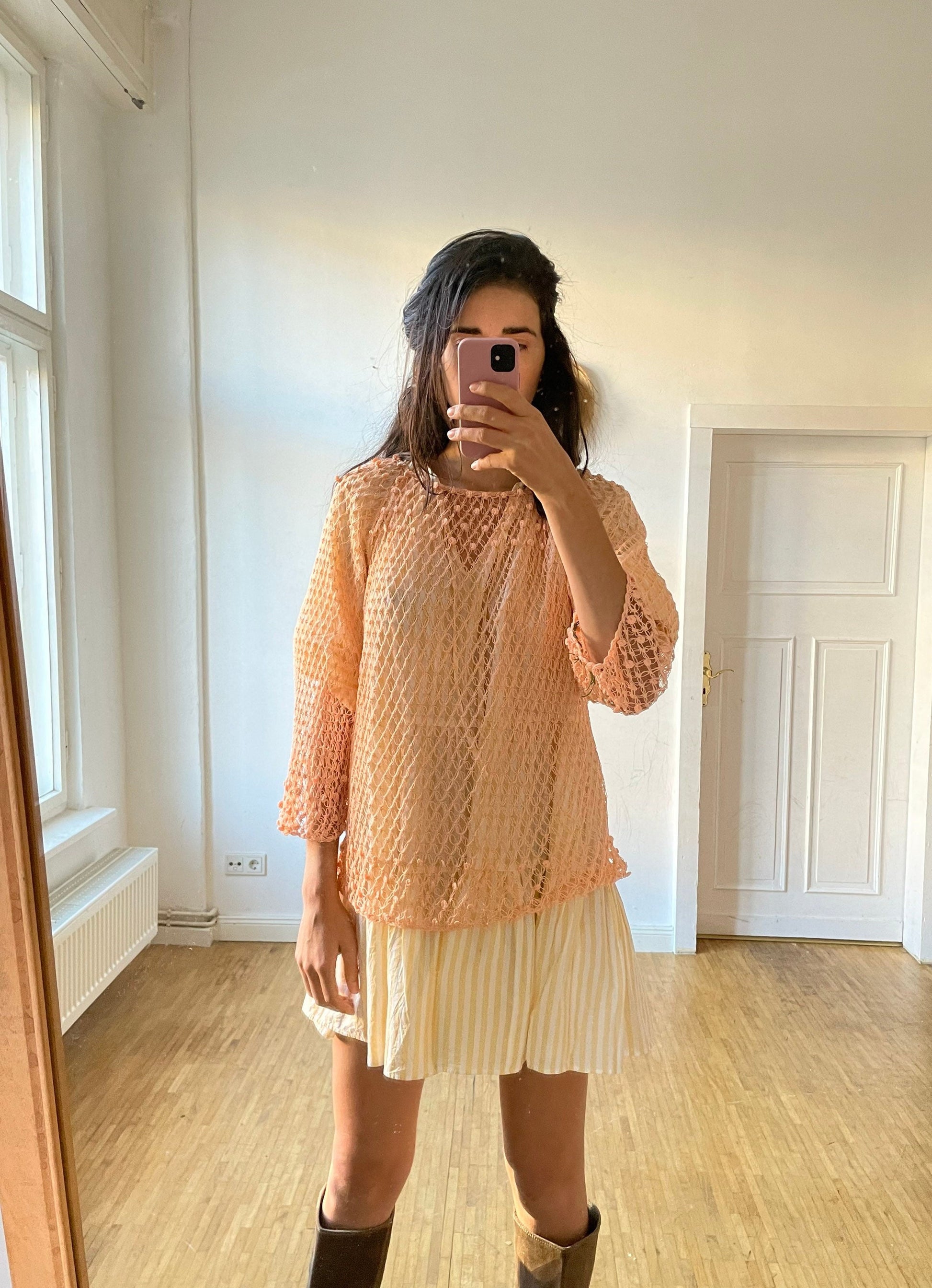 Peach summer crochet top, Sexy see through net shirt, Bikini dress, Crochet top, Peach summer shirt, Festival outfit, Orange beach top,