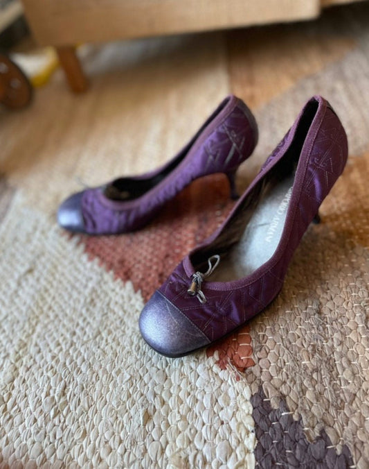 Emporio Armani Vintage Purple Kitten Heel Pumps - Y2K Designer Formal Shoes with Silver Detail, Comfortable Bridal & Event Heels 6.5cm