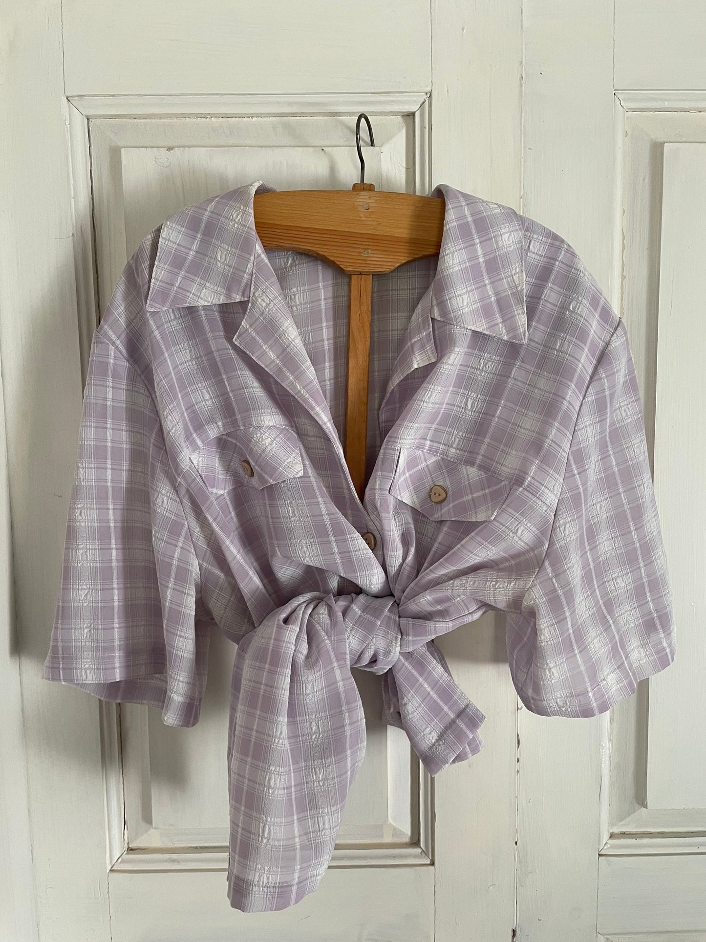 Lavender plaid vintage woman blouse, Short sleeve shirt, Cute Feminine 70s blouse
