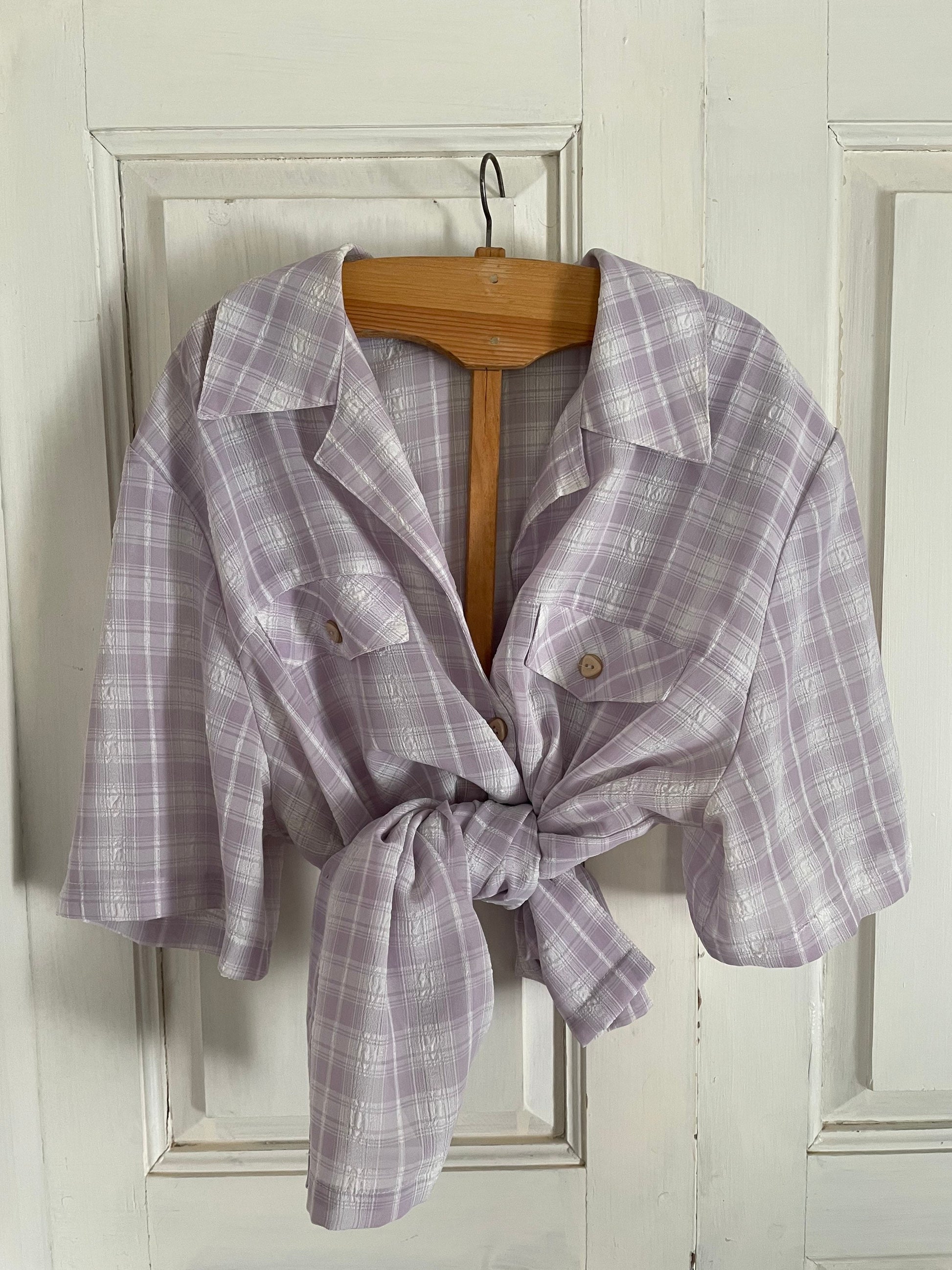 Lavender plaid vintage woman blouse, Short sleeve shirt, Cute Feminine 70s blouse
