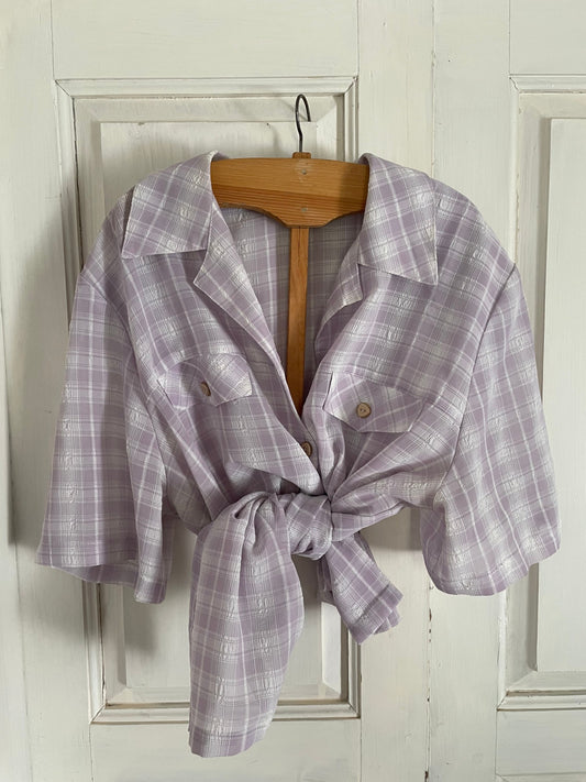 Lavender plaid vintage woman blouse, Short sleeve shirt, Cute Feminine 70s blouse