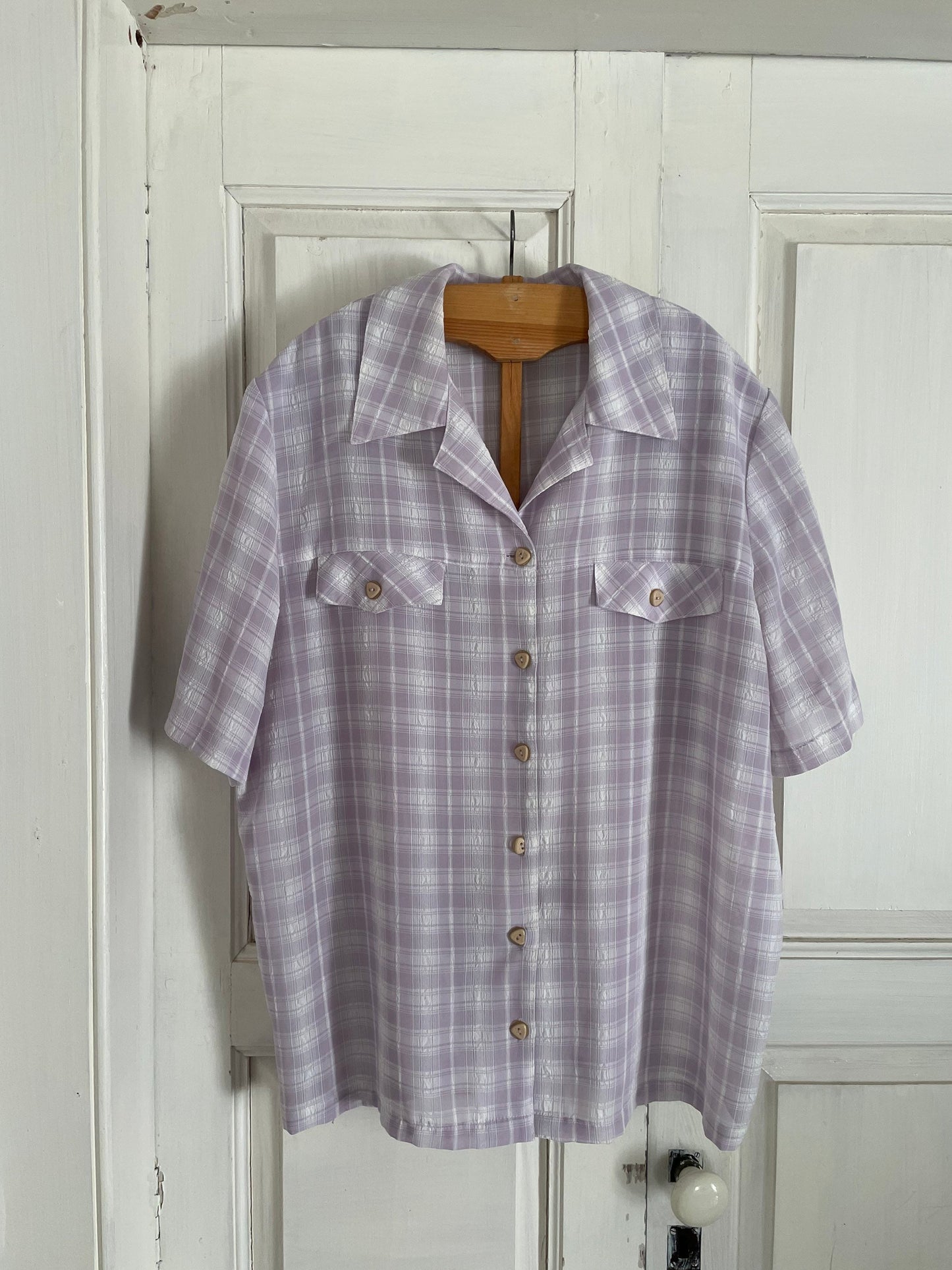Lavender plaid vintage woman blouse, Short sleeve shirt, Cute Feminine 70s blouse