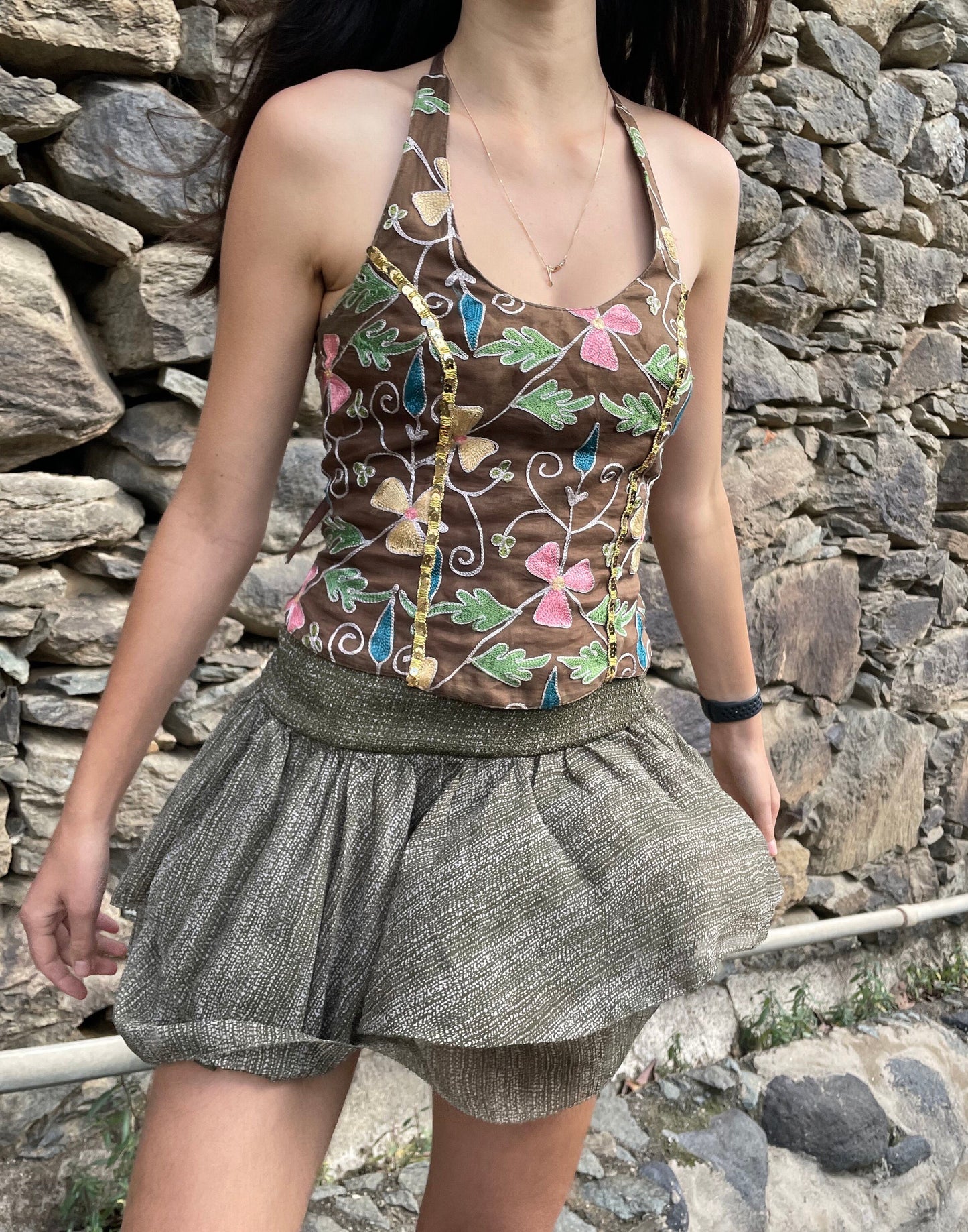 Valencia Vintage corset halter top, embroidered corsage, sexy boho, cottage core outfit , lace up bustier, Disney bounding clothing /